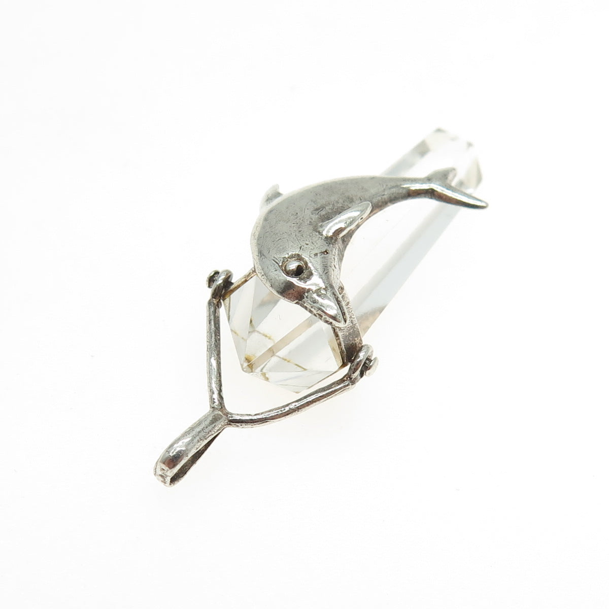 925 Sterling Silver Vintage Clear Quartz Dolphin Amulet Pendant