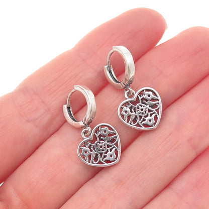 925 Sterling Silver Vintage Round-Cut C Z Heart Dangle Charm Hoop Earrings