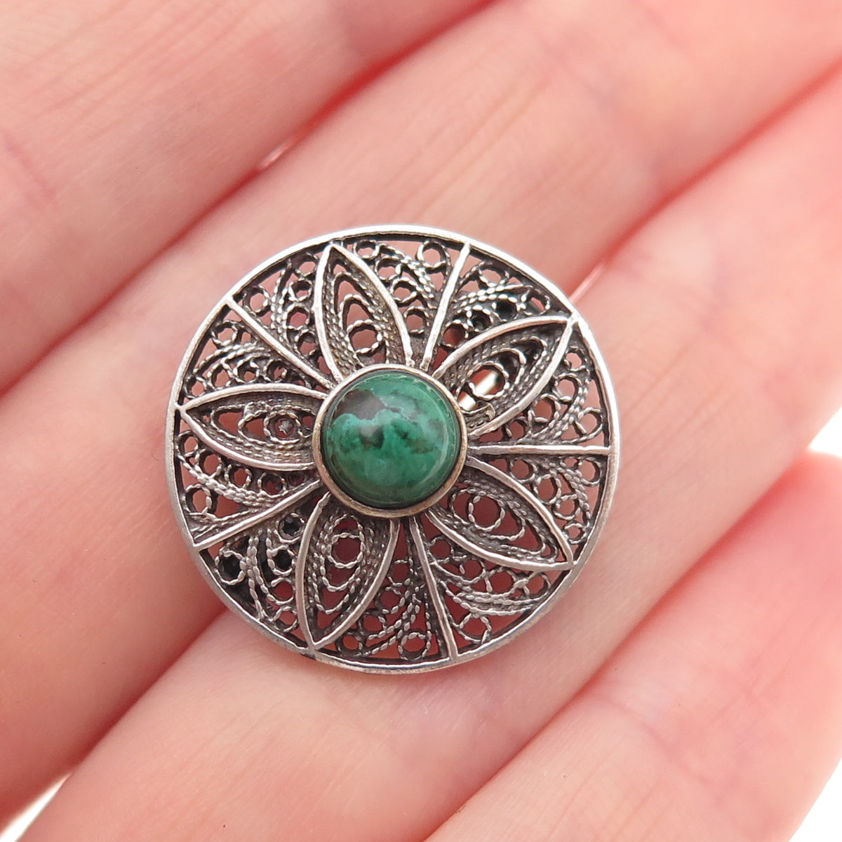 925 Sterling Silver Vintage Real Turquoise Floral Filigree Oxidized Pin Brooch