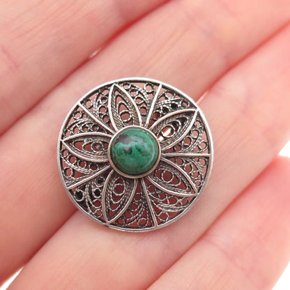 925 Sterling Silver Vintage Real Turquoise Floral Filigree Oxidized Pin Brooch