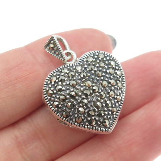 925 Sterling Silver Vintage Real Marcasite Gemstone Heart Locket Pendant