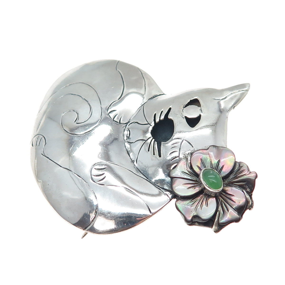925 Sterling Silver Vintage Real Abalone Shell & Jade Cat Flower Brooch Pendant