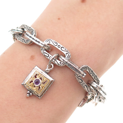 925 Sterling 2-Tone Vintage Amethyst Peridot & Topaz Multi-Charm Bracelet 6.75"