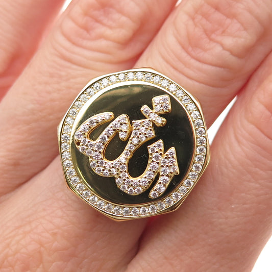 925 Sterling Silver Gold Plated Round-Cut C Z Allah Signet Ring Size 8.25
