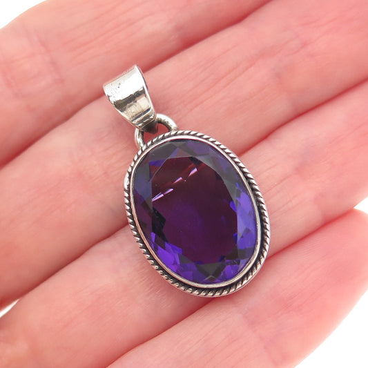 925 Sterling Silver Vintage Real Oval-Cut Amethyst Charm Pendant
