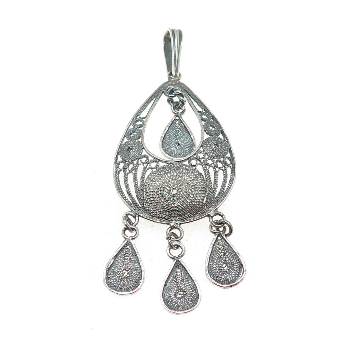 925 Sterling Silver Vintage Filigree Teardrop Shape Oxidized Dangle Pendant