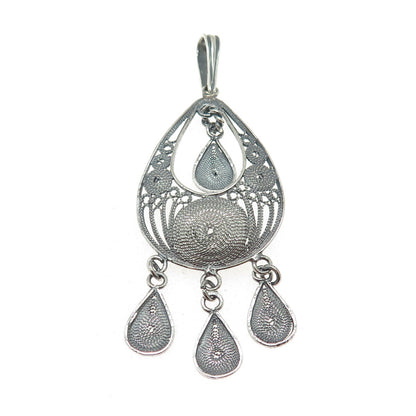 925 Sterling Silver Vintage Filigree Teardrop Shape Oxidized Dangle Pendant