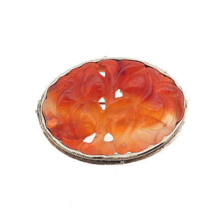 925 Sterling Silver Antique Art Deco Real Red Jade Carved Floral Oxidized Brooch