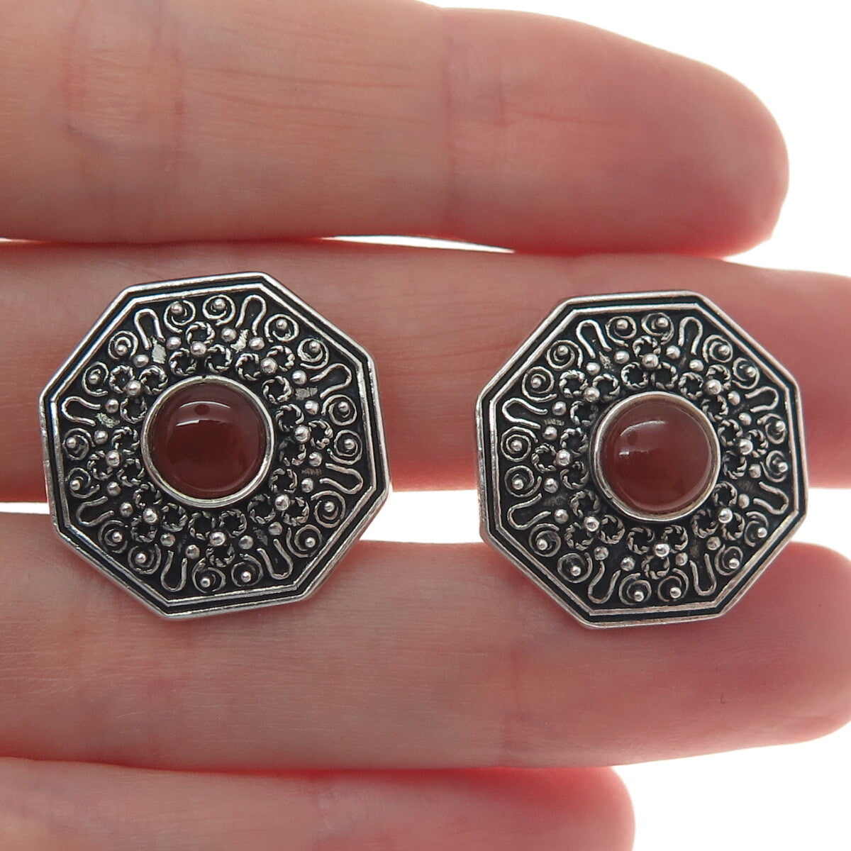 925 Sterling Silver Vintage Real Carnelian Granulated Oxidized Clip On Earrings