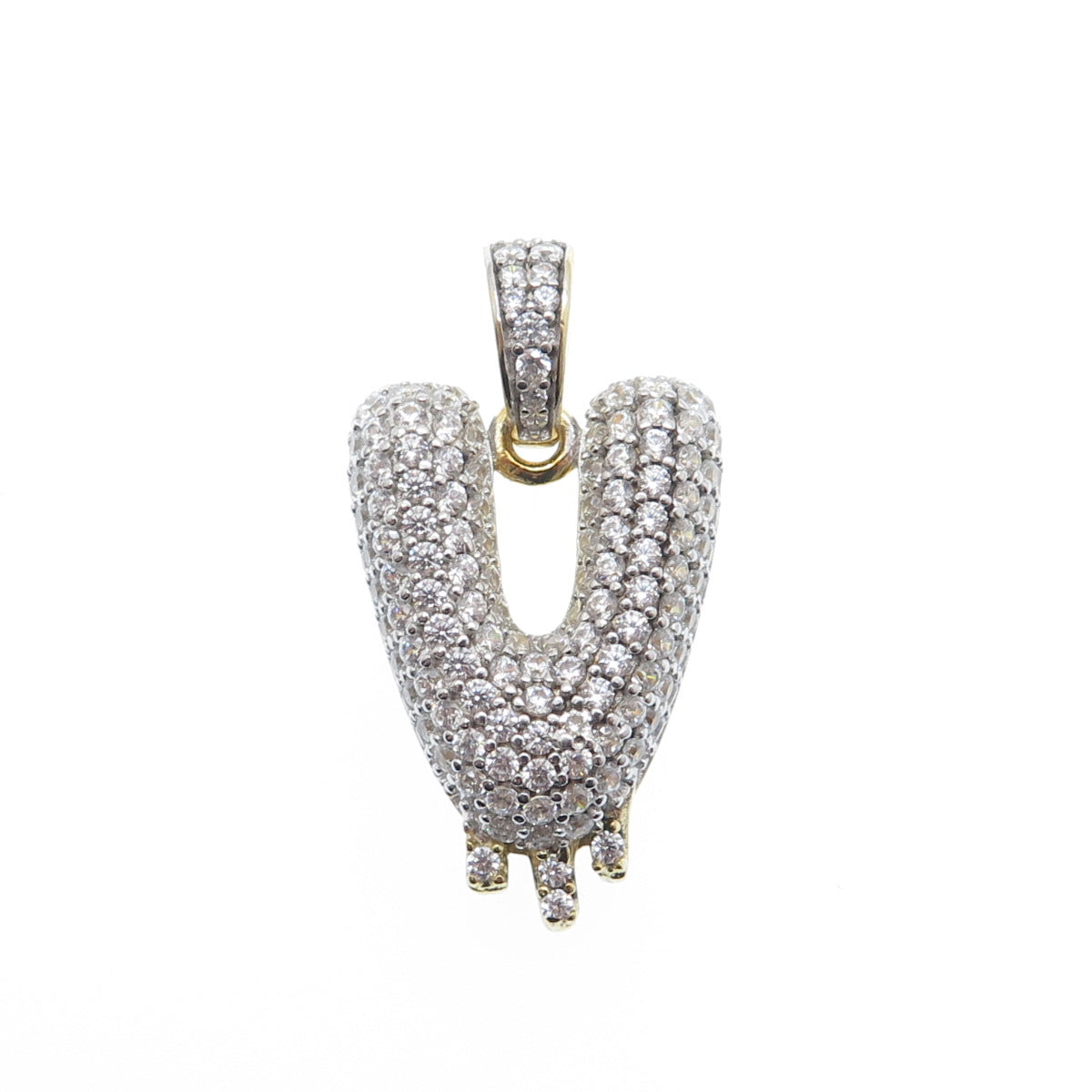 925 Sterling Silver Gold Plated Round-Cut Shaped C Z Letter V Sparkle Pendant