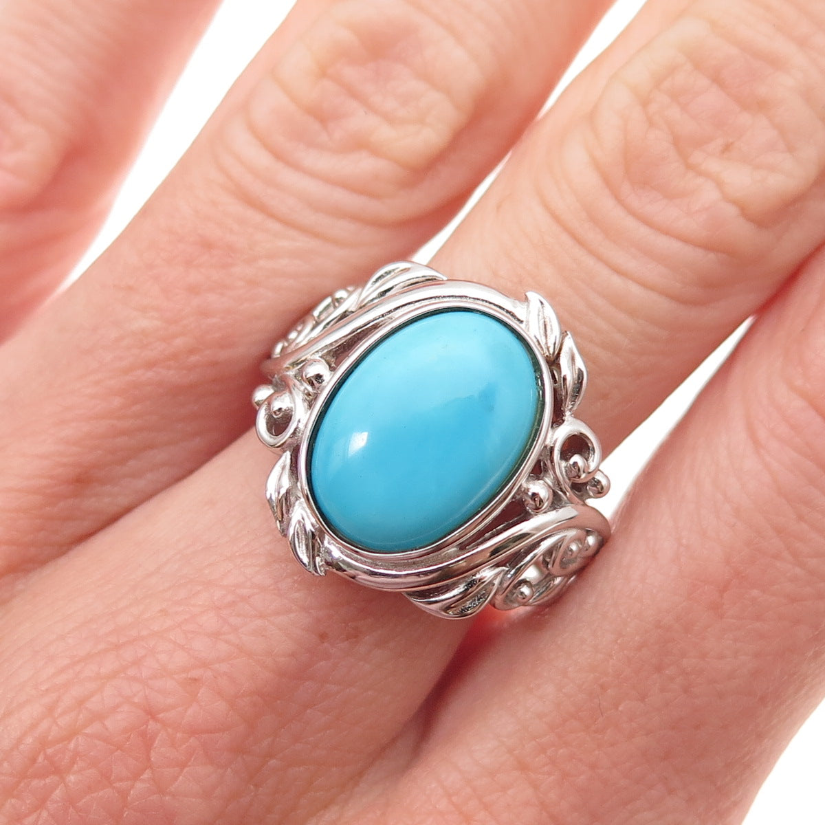 925 Sterling Silver Real Sleeping Beauty Turquoise Floral Ring Size 8