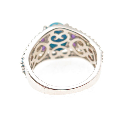 925 Sterling Silver Real Sleeping Beauty Turquoise & Multi-Gem Ring Size 8
