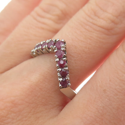 925 Sterling Silver Vintage Real Round-Cut Ruby V-Shape Ring Size 8