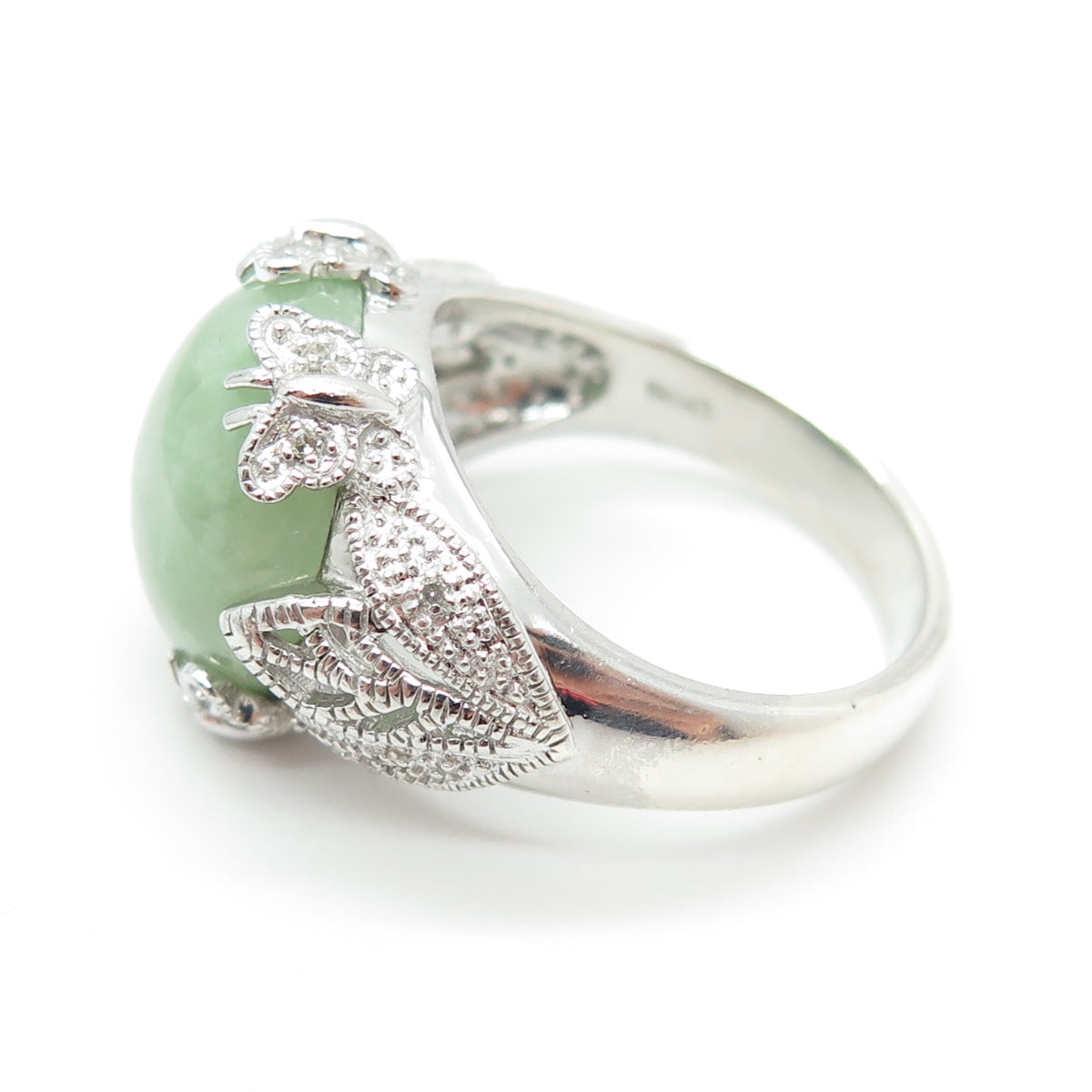 925 Sterling Silver Real Round-Cut Diamond & Jade Butterfly Ring Size 10