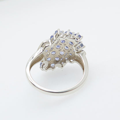 925 Sterling Silver Real Round-Cut Tanzanite & White Topaz Cluster Ring Size 7