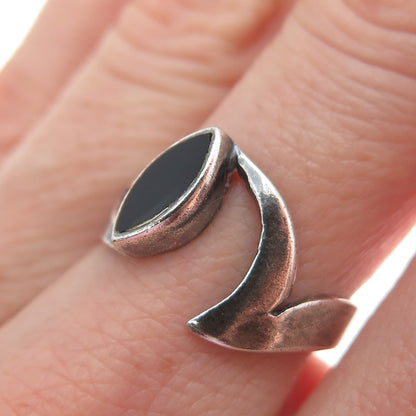 925 Sterling Silver Vintage Real Black Onyx Modernist Oxidized Ring Size 6.25