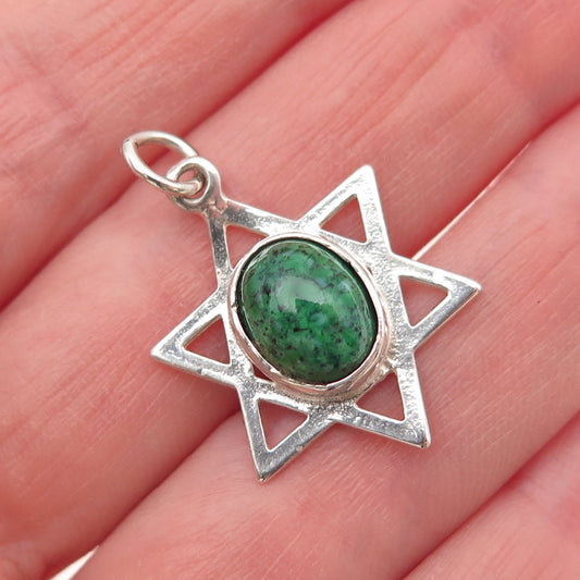 925 Sterling Silver Vintage Green Glass Star of David Charm Pendant
