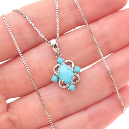 925 Sterling Silver Real Tyrone Turquoise Floral Box Chain Necklace 18-20"