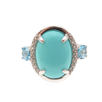 925 Sterling Silver Real Turquoise Blue & White Topaz Ring Size 8