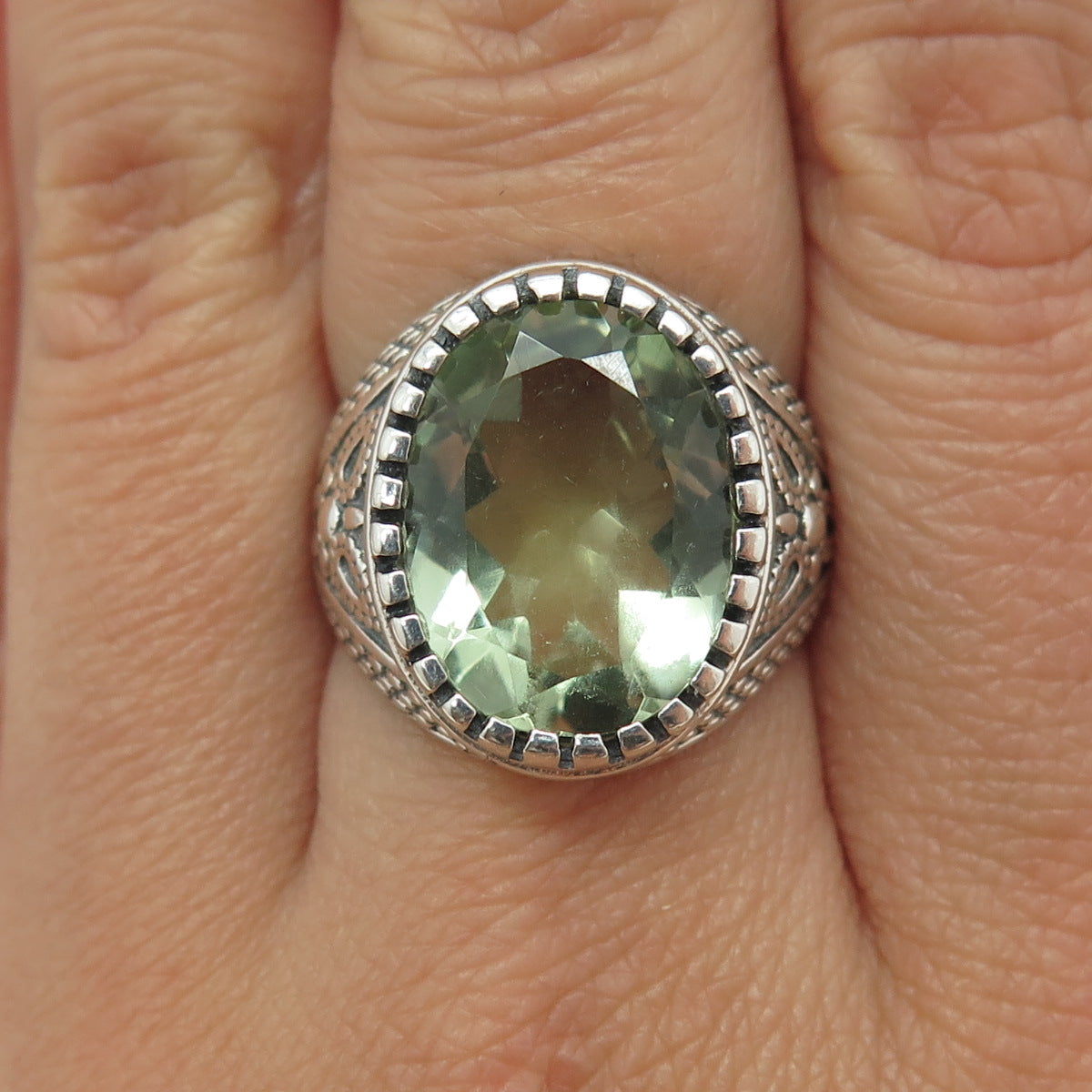 925 Sterling Silver Vintage Real Green Amethyst Gemstone Ethnic Ring Size 7.5