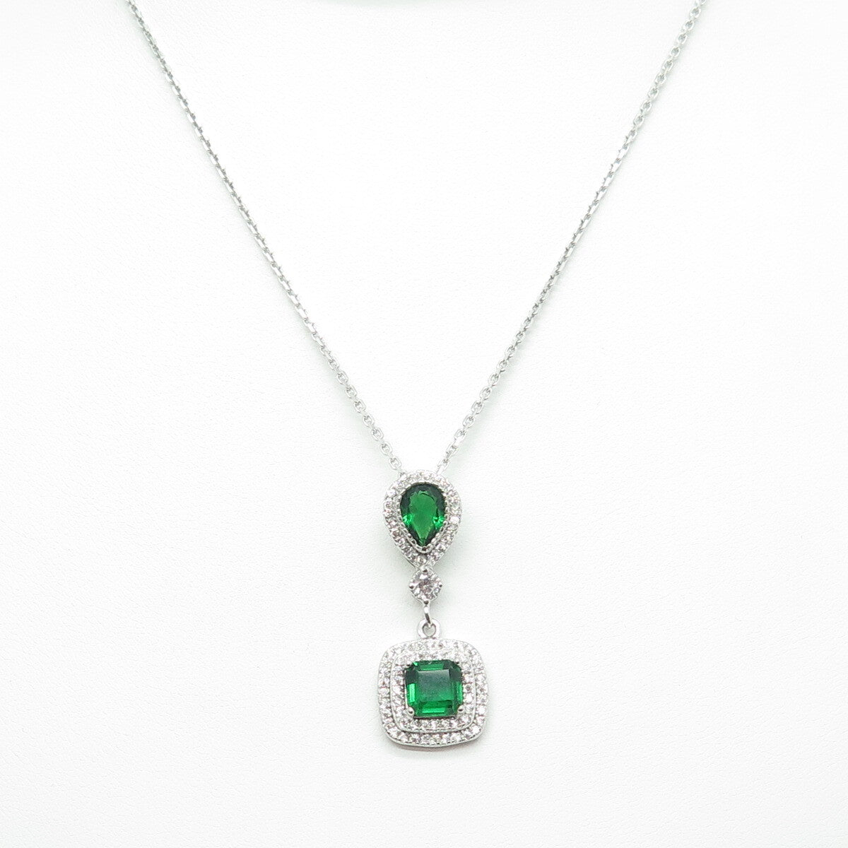 925 Sterling Silver Multi-Cut Green & White C Z Cable Chain Necklace 16"