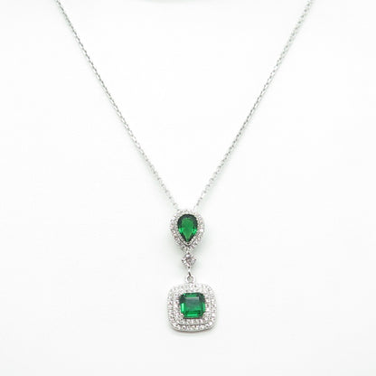 925 Sterling Silver Multi-Cut Green & White C Z Cable Chain Necklace 16"