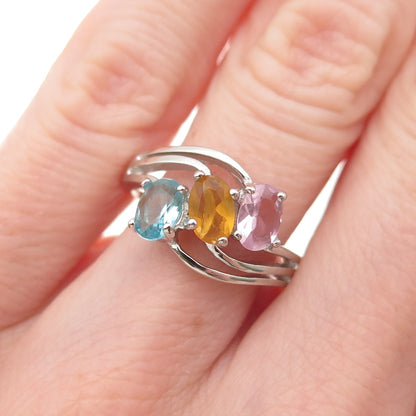 925 Sterling Silver Oval-Cut Multi-Color C Z Bypass Ring Size 6.25