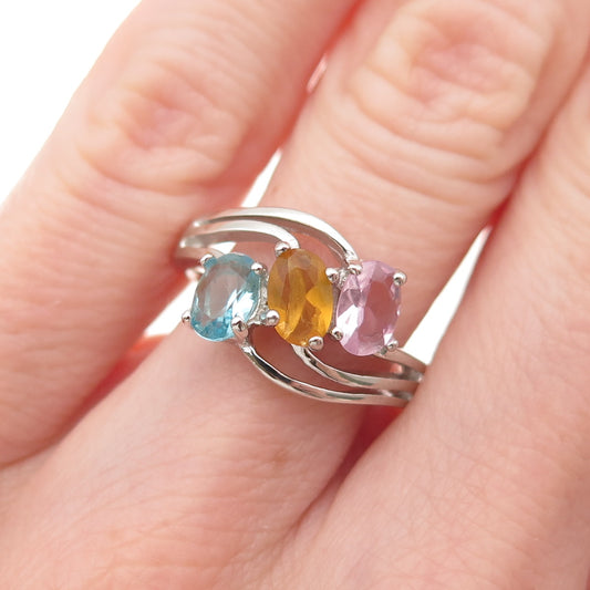 925 Sterling Silver Oval-Cut Multi-Color C Z Bypass Ring Size 6.25