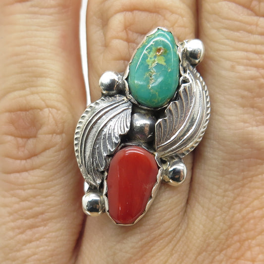 CARMELITA & DAN SIMPLICIO ZUNI Sterling Vintage Turquoise & Coral Ring Size 5.75