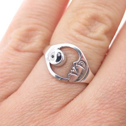 925 Sterling Silver Vintage Enamel Yin Yang Crescent Moon Ring Size 6.5