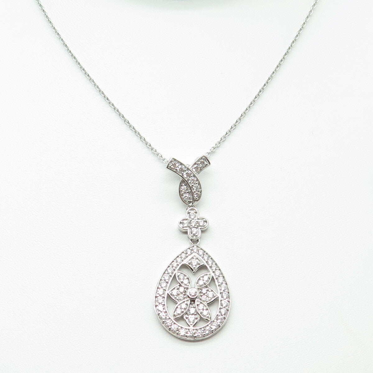 925 Sterling Silver Round-Cut C Z Floral Cable Chain Necklace 18-20"