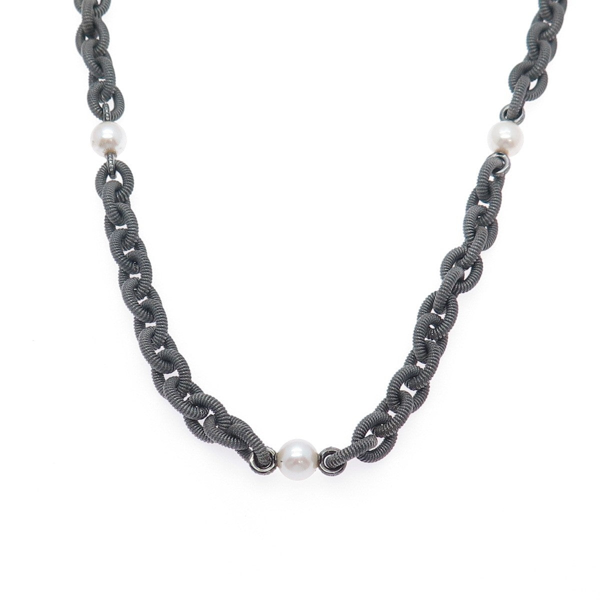 925 Sterling Silver Black Rhodium Vintage Real Diamond Pearl Chain Necklace 32"