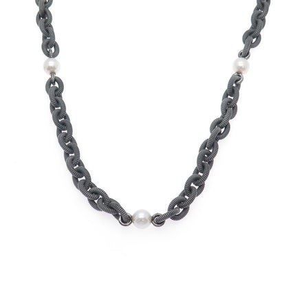 925 Sterling Silver Black Rhodium Vintage Real Diamond Pearl Chain Necklace 32"