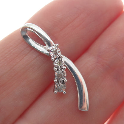 925 Sterling Silver Real Round-Cut Diamond Ribbon Minimalist Pendant
