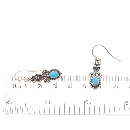 925 Sterling Silver Vintage Real Turquoise Heart Oxidized Dangle Earrings