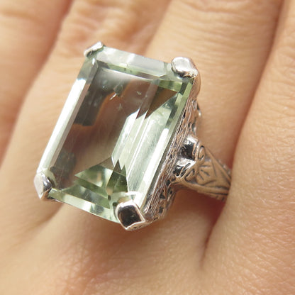 925 Sterling Silver Vintage Real Emerald-Cut Green Topaz Filigree Ring Size 7.25