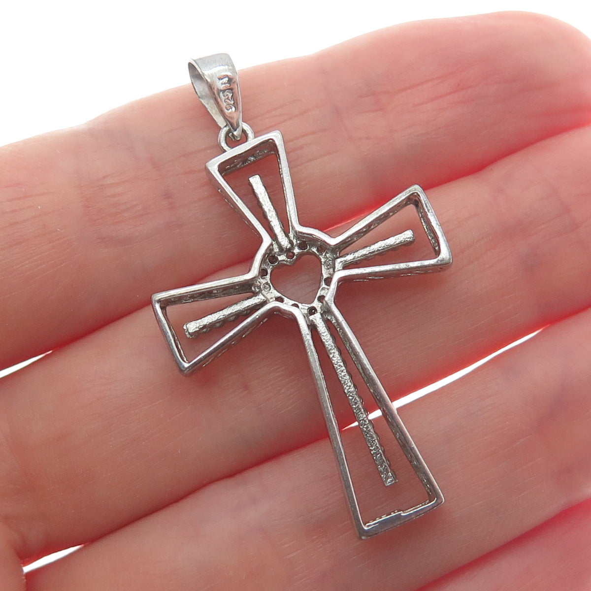 925 Sterling Silver Real Round-Cut Diamond Heart Cross Charm Pendant