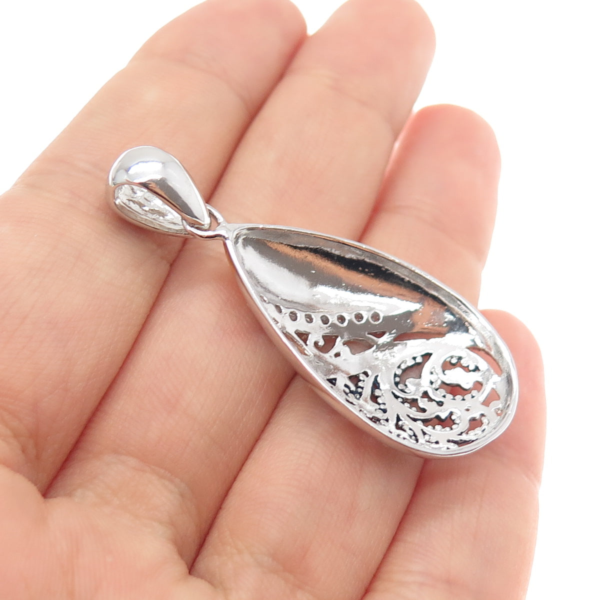 925 Sterling Silver 2-Tone Round-Cut C Z Granulated Teardrop Charm Pendant