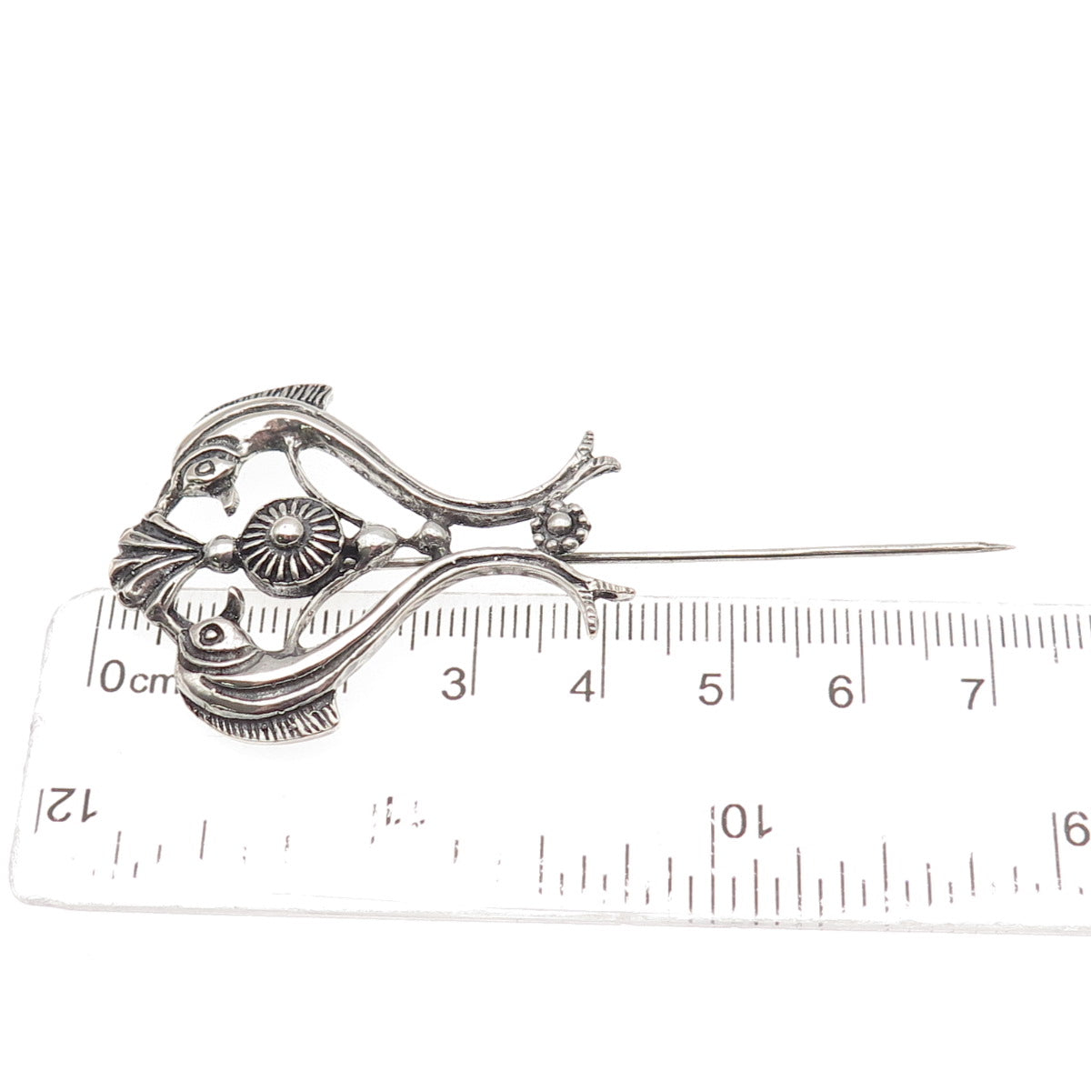925 Sterling Silver Vintage Dolphin Heart Oxidized Lapel Pin