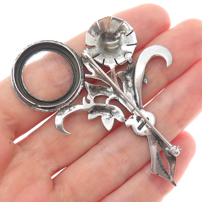 925 Sterling Silver Antique Art Deco Real Marcasite Flower Oxidized Pin Brooch