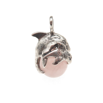 925 Sterling Silver Vintage Real Rose Quartz Dolphin Oxidized Charm Pendant