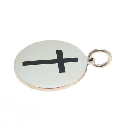 925 Sterling Silver Black Enamel Cross Round Tag Minimalist Charm Pendant