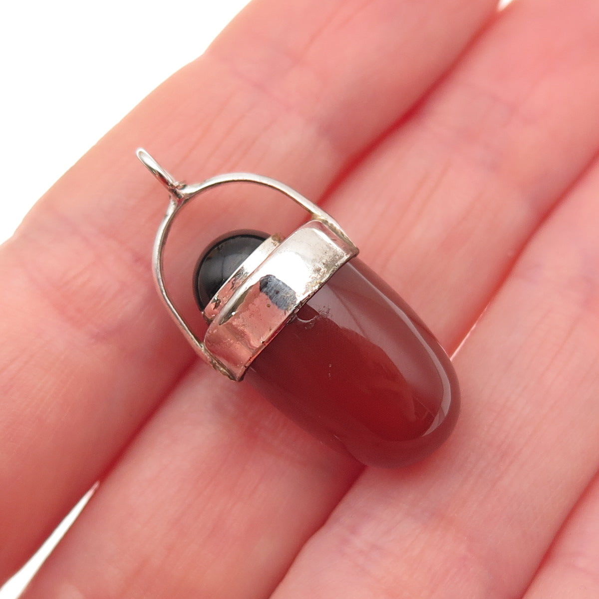 925 Sterling Silver Vintage Real Carnelian & Black Onyx Amulet Charm Pendant