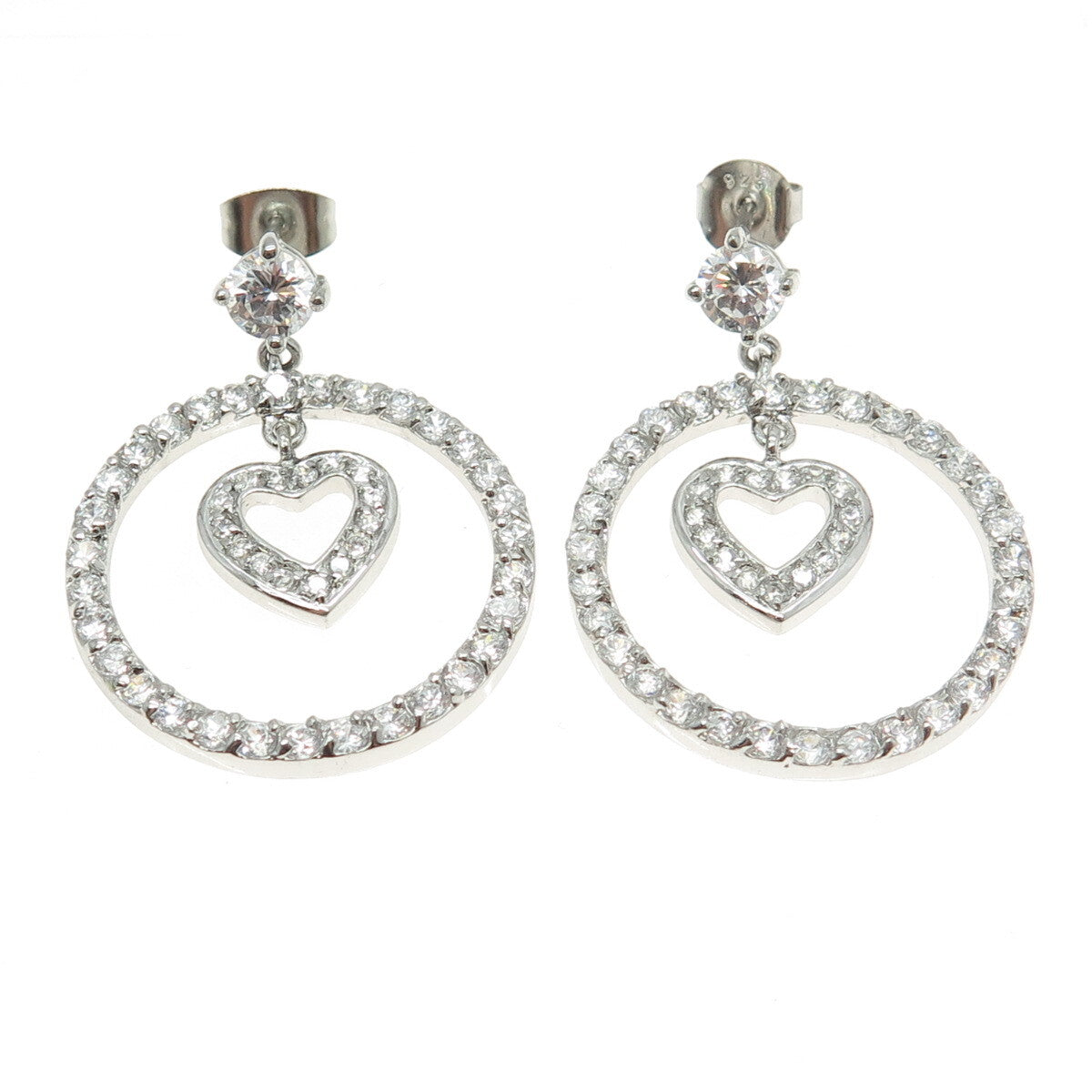 925 Sterling Silver Round-Cut C Z Circle of Life & Heart Dangling Earrings