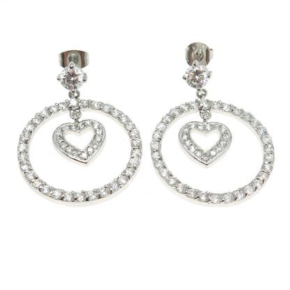 925 Sterling Silver Round-Cut C Z Circle of Life & Heart Dangling Earrings