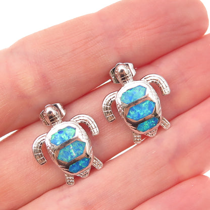 925 Sterling Silver Real Opal Turtle Stud Earrings