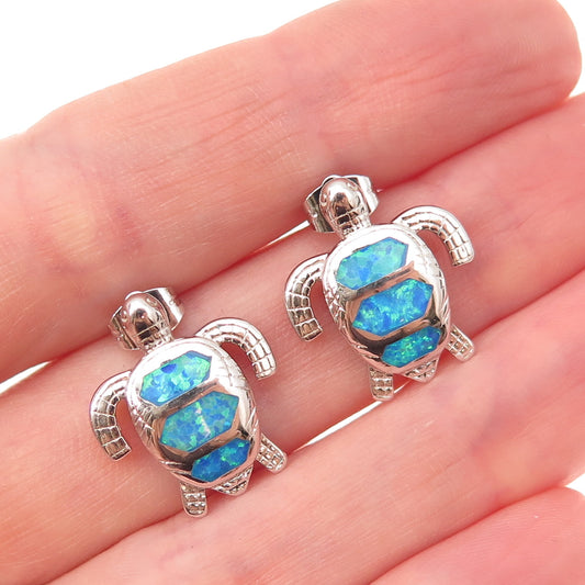 925 Sterling Silver Real Opal Turtle Stud Earrings