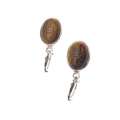 Gold Stone 925 Sterling Silver Vintage Real Tiger Eye Scarab Dangle Earrings