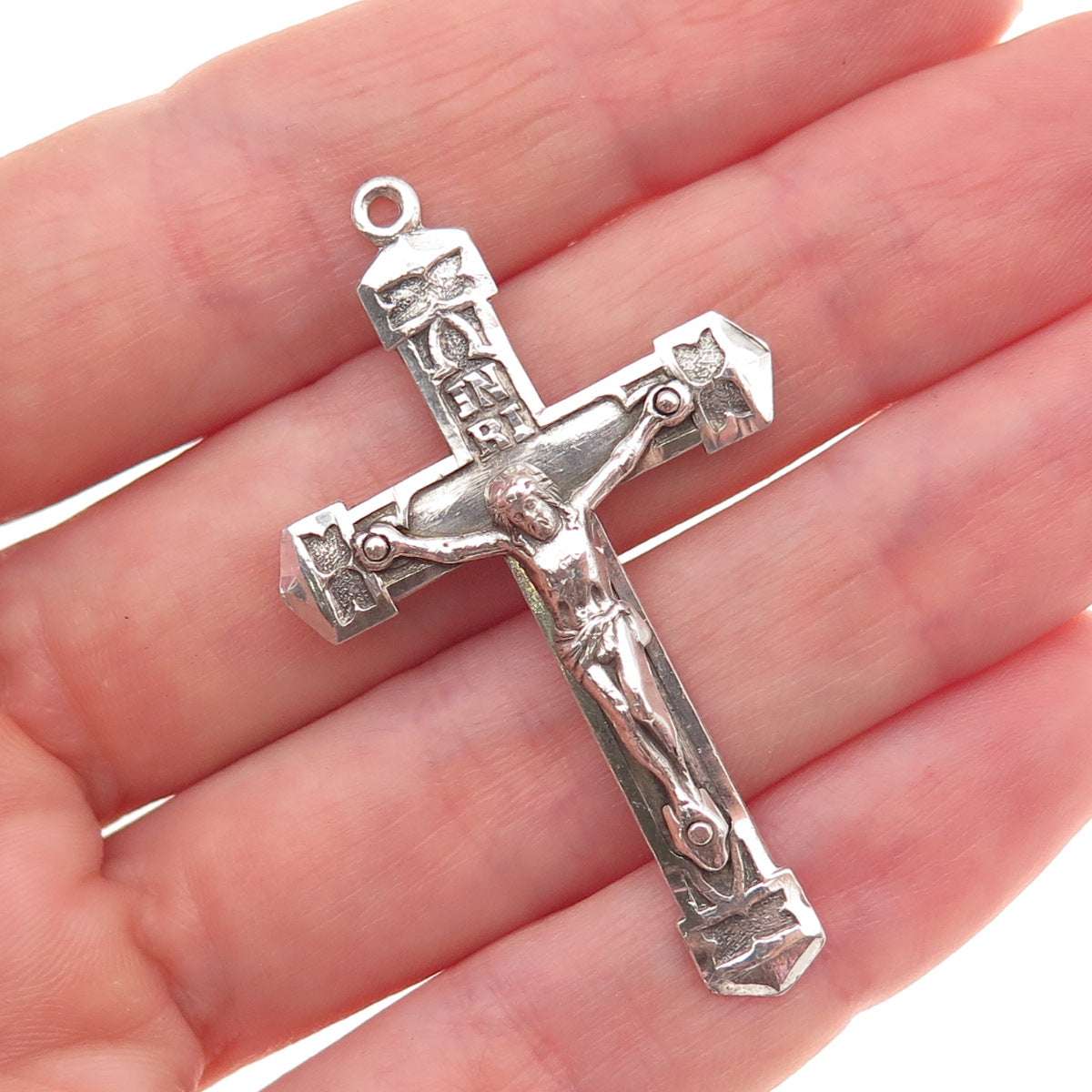 925 Sterling Silver Antique Art Deco Crucifix Cross Oxidized Charm Pendant