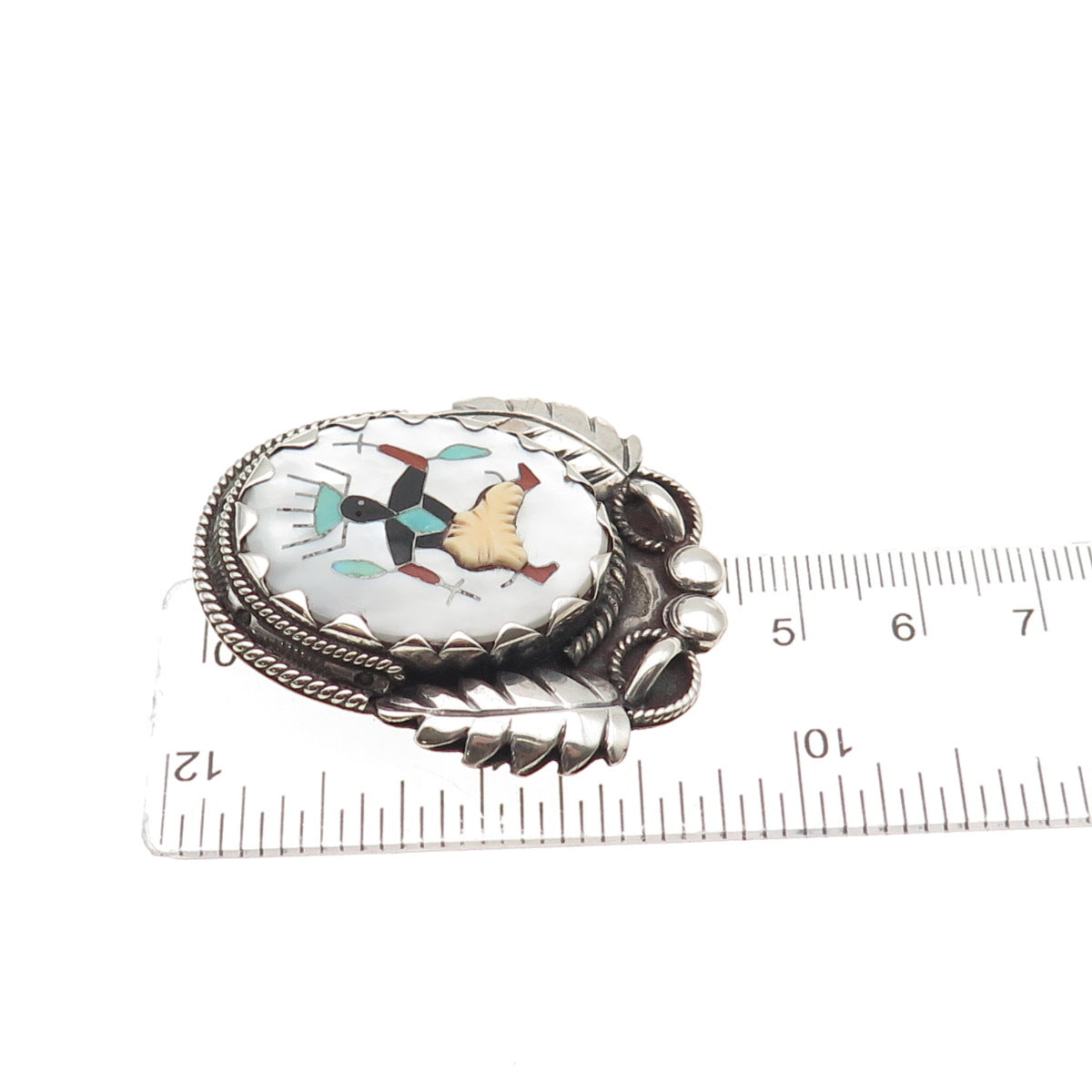 L.H. Lonjose Zuni Old Pawn Sterling Turquoise Coral Onyx MOP Warrior Pin Pendant
